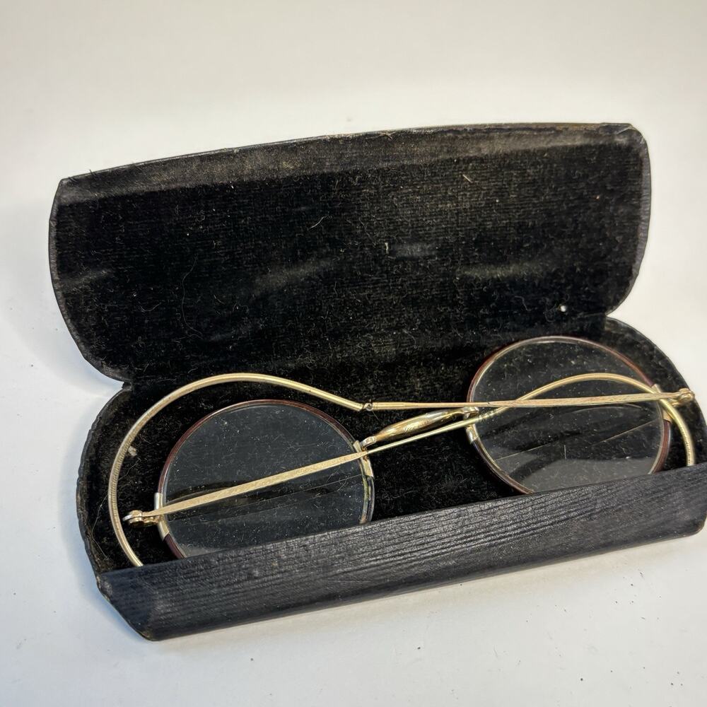 Antique 1/10 12K GF Horn Rim Eyeglasses Round Cable Temple Frames Case AS IS